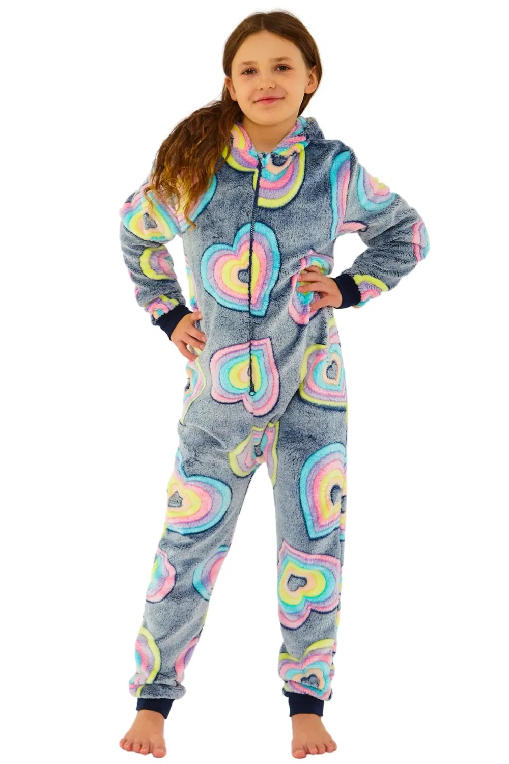 Детский флисовый комбинезон Rainbow Hearts Fleece Onesie Cozy N Dozy, Navy — фото 3
