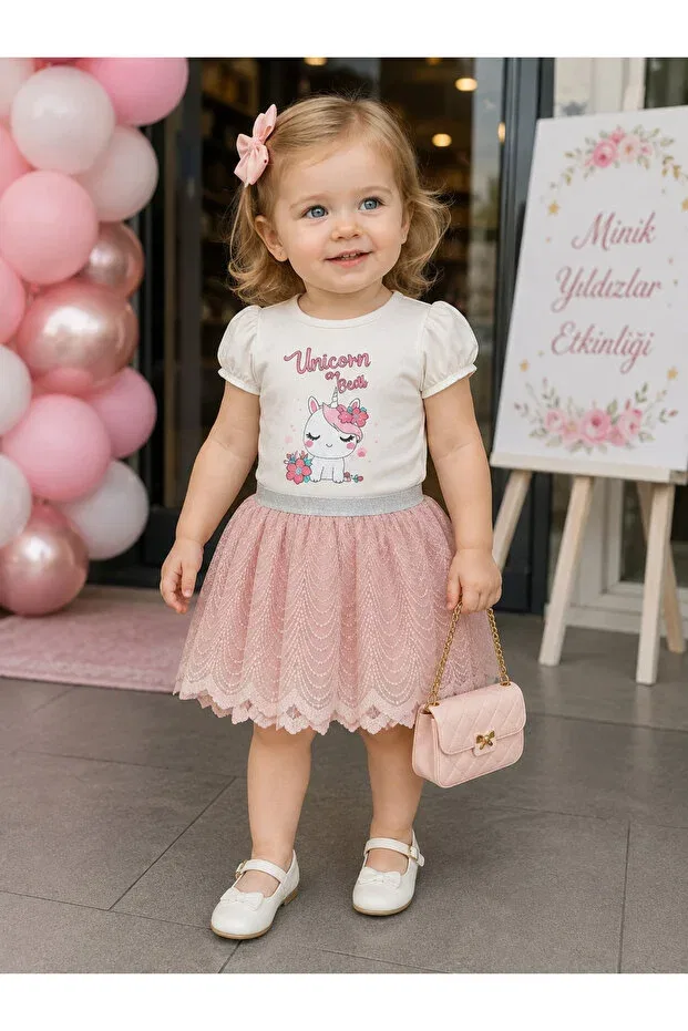 Детский комплект для девочек с принтом Unicorn Printed Tulle Skirt Mirkon, Pink