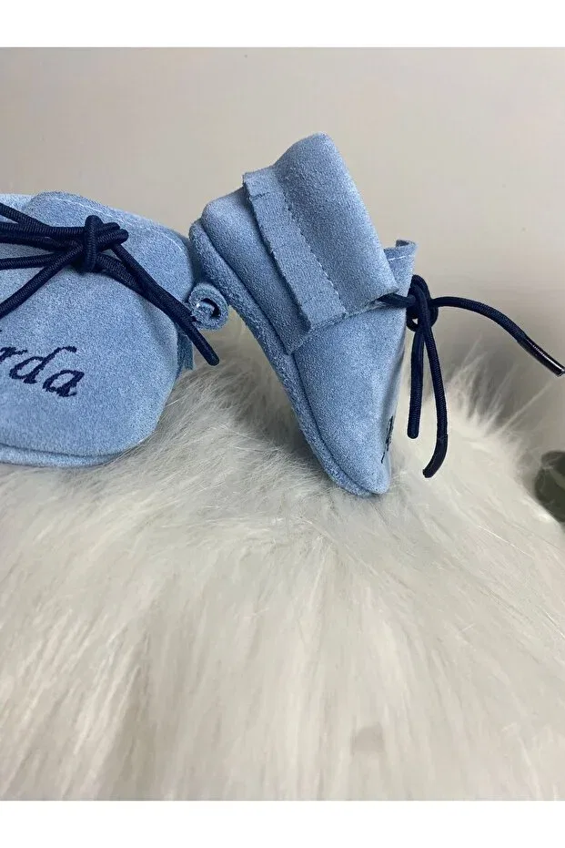 Детские мокасины из замши с именем Betülün Diktikleri, Blue — фото 4