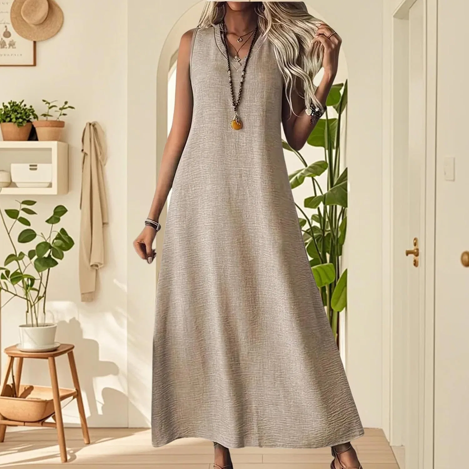 Женское повседневное платье макси V-образным вырезом, Khaki — фото 2