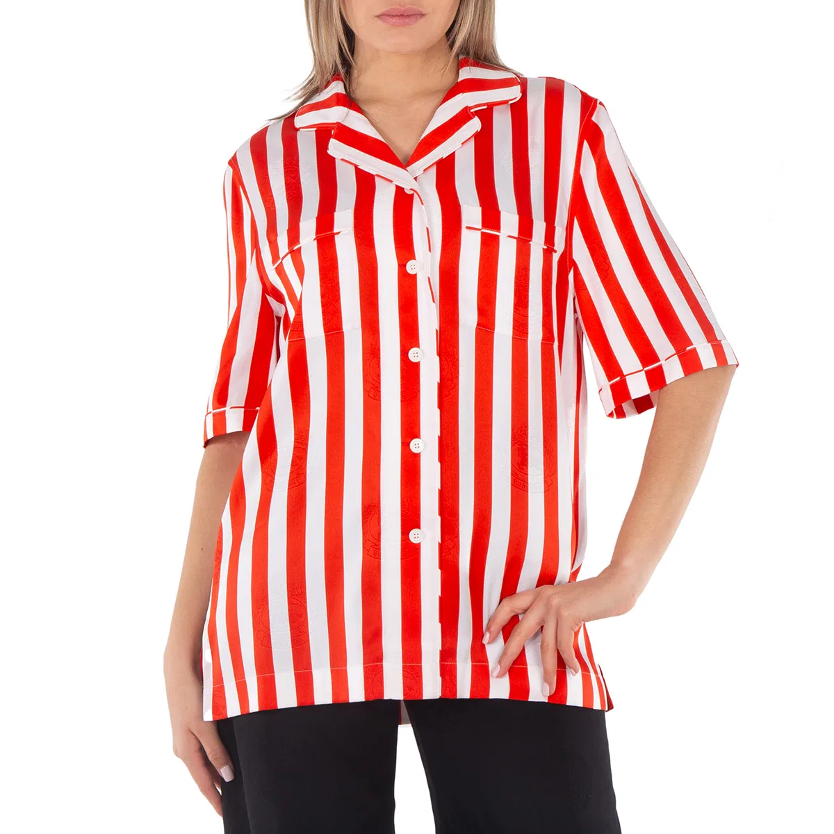 Блузка из шелка с полосатым принтом Tabi Striped Silk Pyjama Shirt Burberry, Bright Chili Red Ip