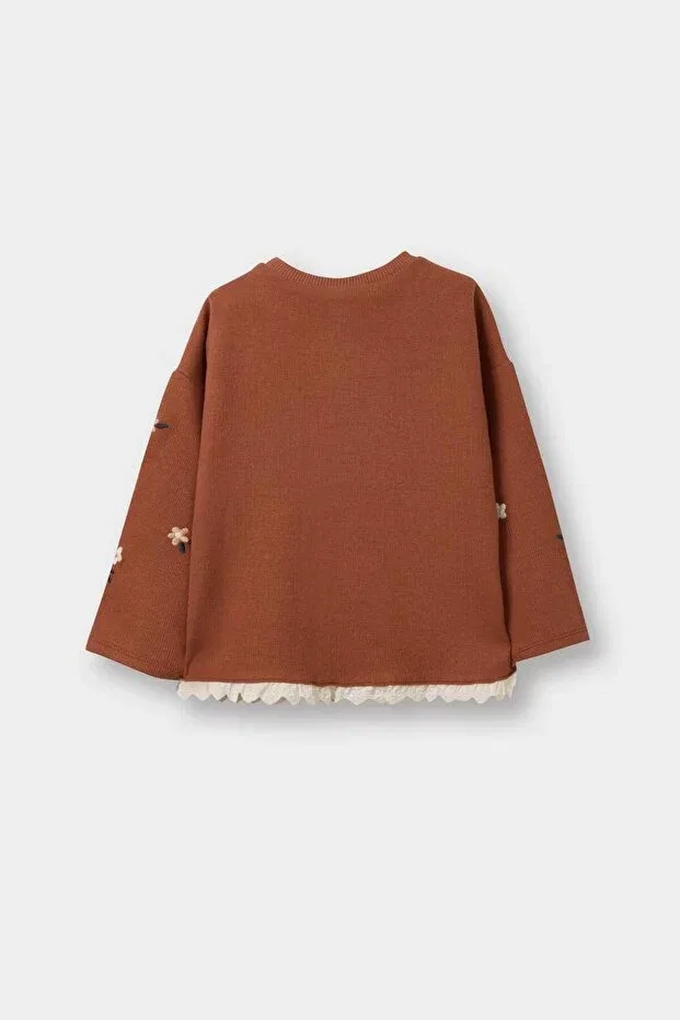 Детская футболка для девочек с принтом Oversized loose fit crew neck floral long sleeve t-shirt baby girl g6839a525cw Defacto, Coffee-Bn176 — фото 4