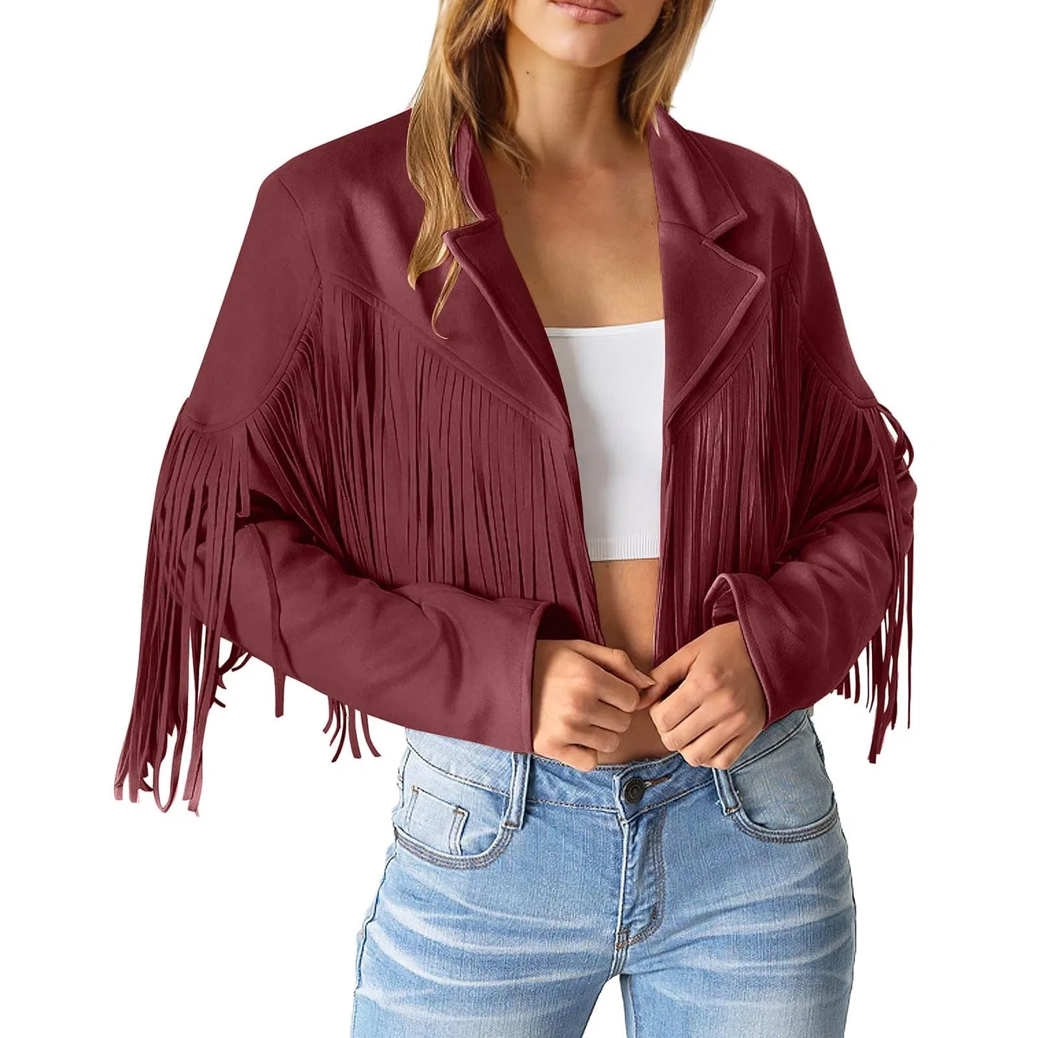 Женская кожаная куртка с бахромой Vintage Leather Jacket, Wine — фото 2