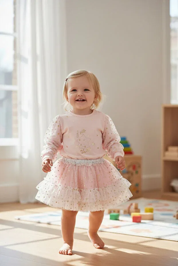 Детский комплект из тюля и гребенной хлопковой юбки с принтом Butik, Pink