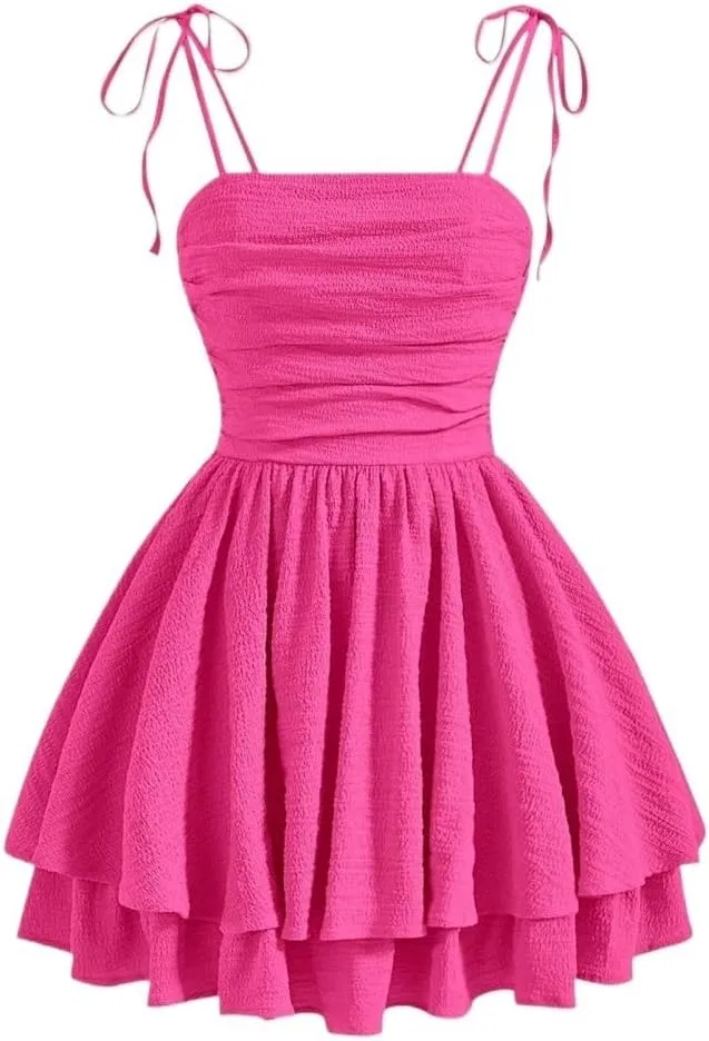 Женское летнее мини-платье на бретелях с завязками, Hot Pink