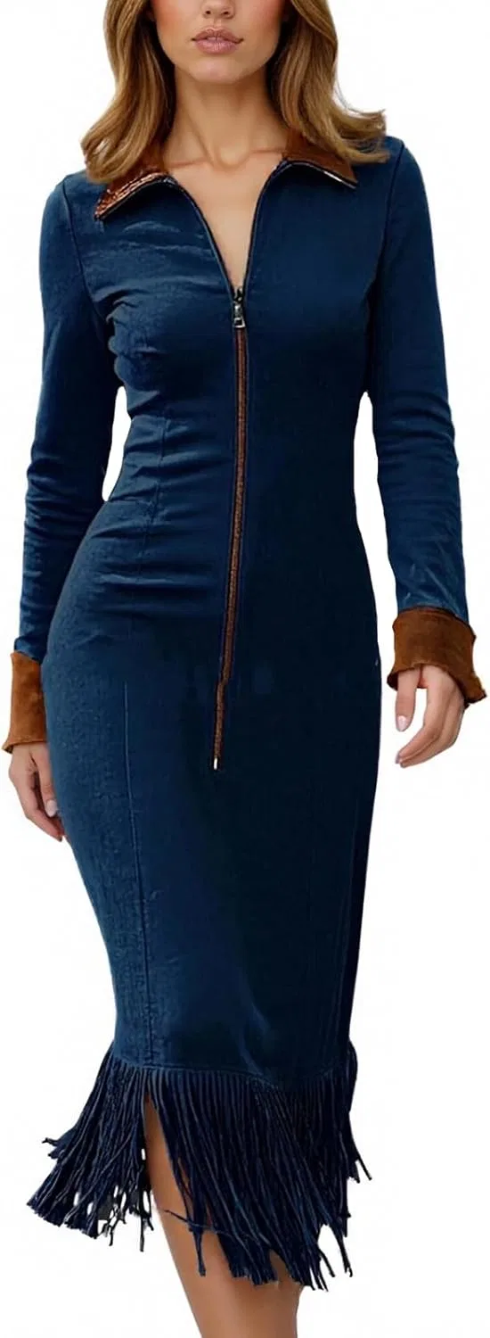 Женское платье миди с длинным рукавом на молнии Western, Navy — фото 2