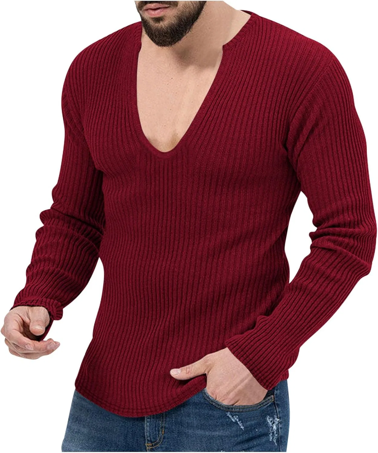 Мужская облегающая футболка с v-образным вырезом Long Sleeve, Red
