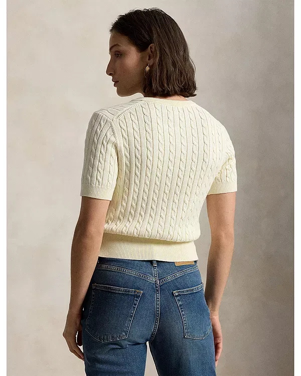 Женский свитер с коротким рукавом Mini Cable Short Sleeve Henley Sweater Ralph Lauren, кремовый — фото 3