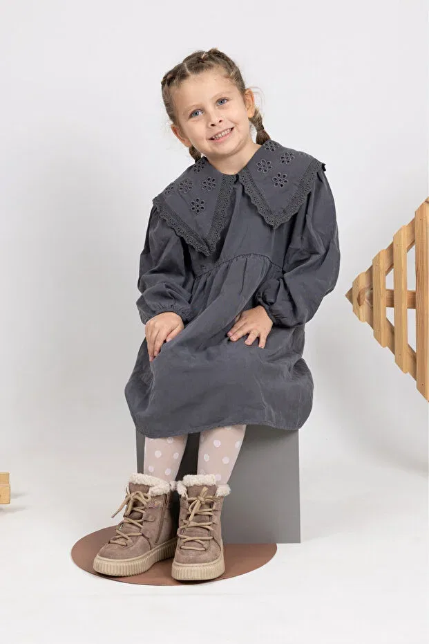 Детские ботинки для девочек на плоском ходу с мехом Adia nubuck plush fur Kids A More, Sand — фото 4