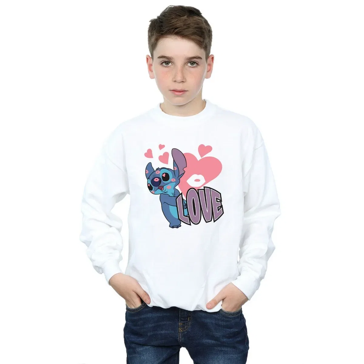 Детский свитшот с принтом Love Hearts Lilo & Stitch, White — фото 4