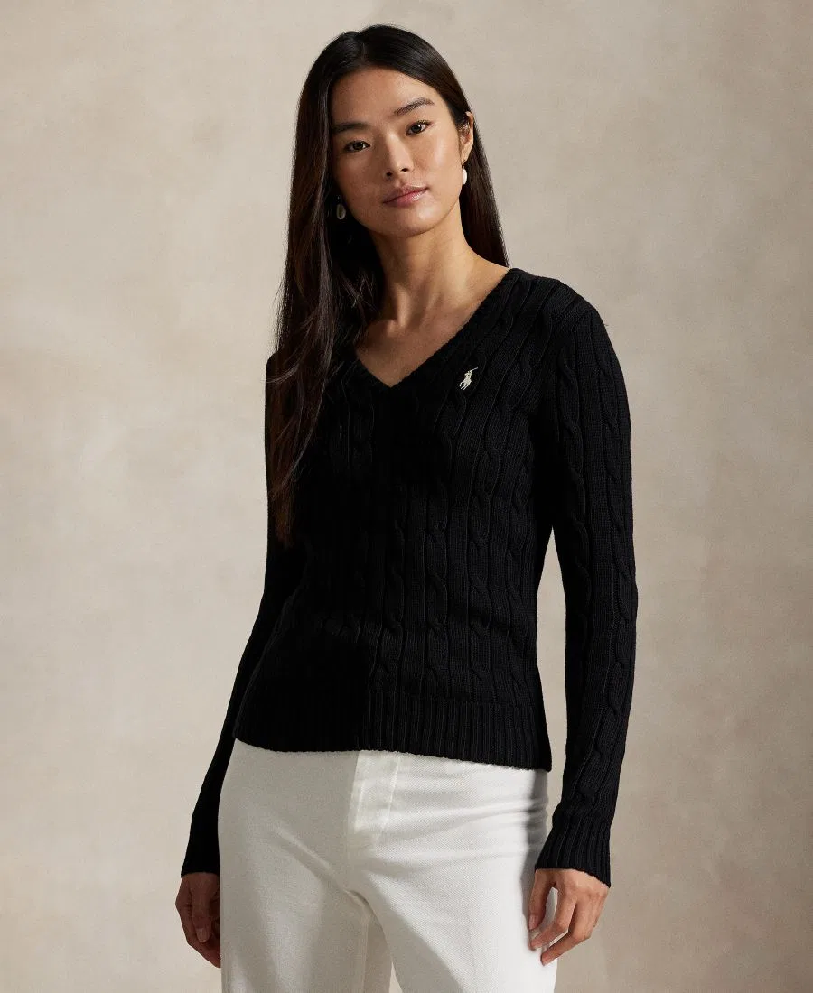 Женский свитер с V-образным вырезом и косами Polo Black/White