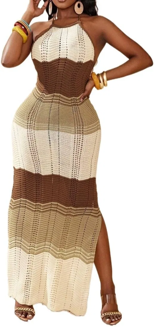Женское бесшовное макси-платье с вырезами Colorblock, Khaki