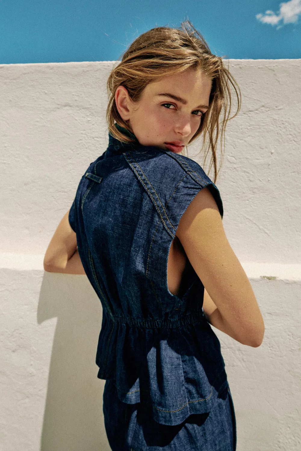 Жилет с эластичным поясом из льна ZARA, Indigo — фото 3