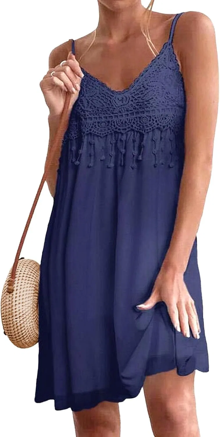 Женское пляжное кружевное платье макси на бретелях, Navy Blue