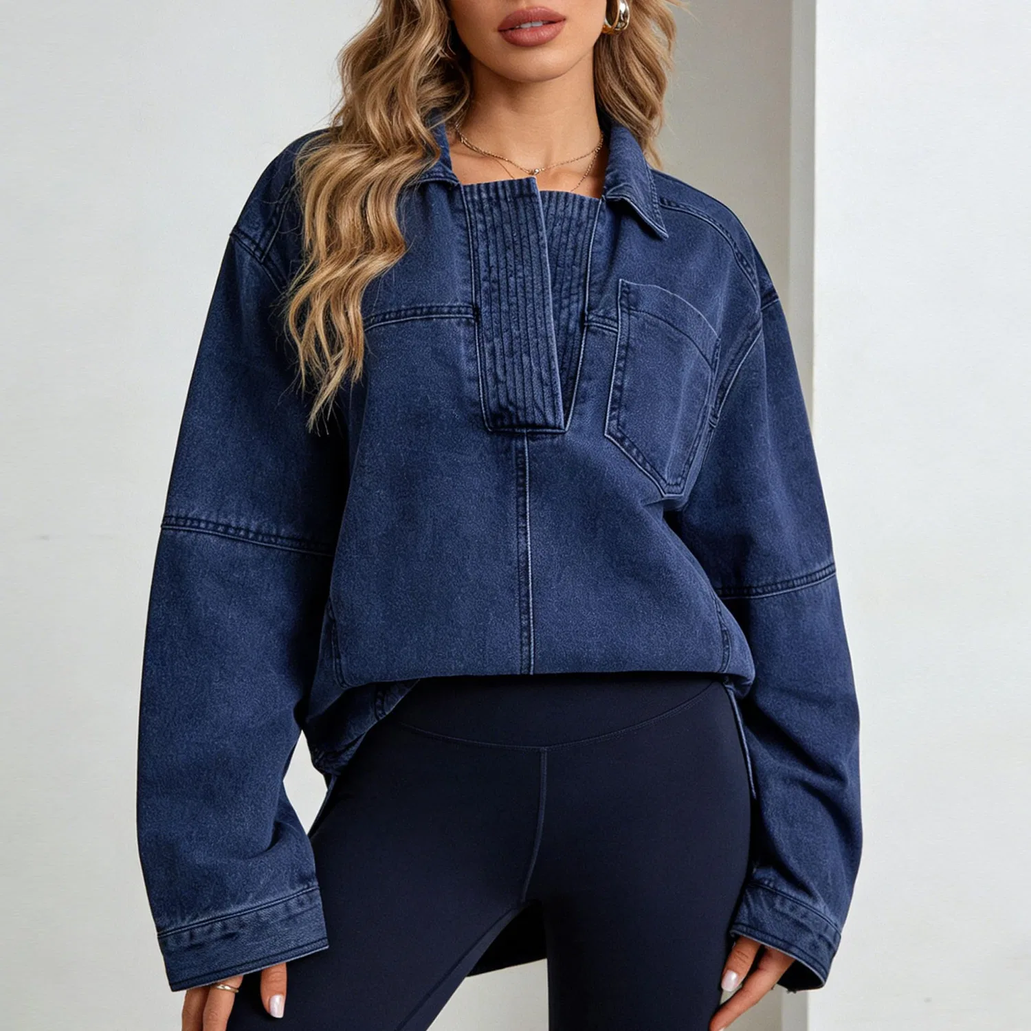 Женское джинсовое пальто с V-образным вырезом и длинным рукавом, blue navy — фото 3