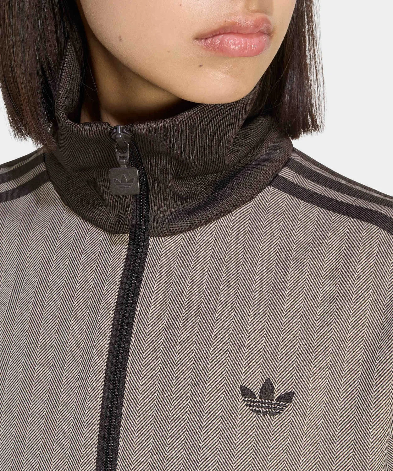 Женский твидовый трек-топ с флисовым воротником Adidas Originals, коричневый — фото 3