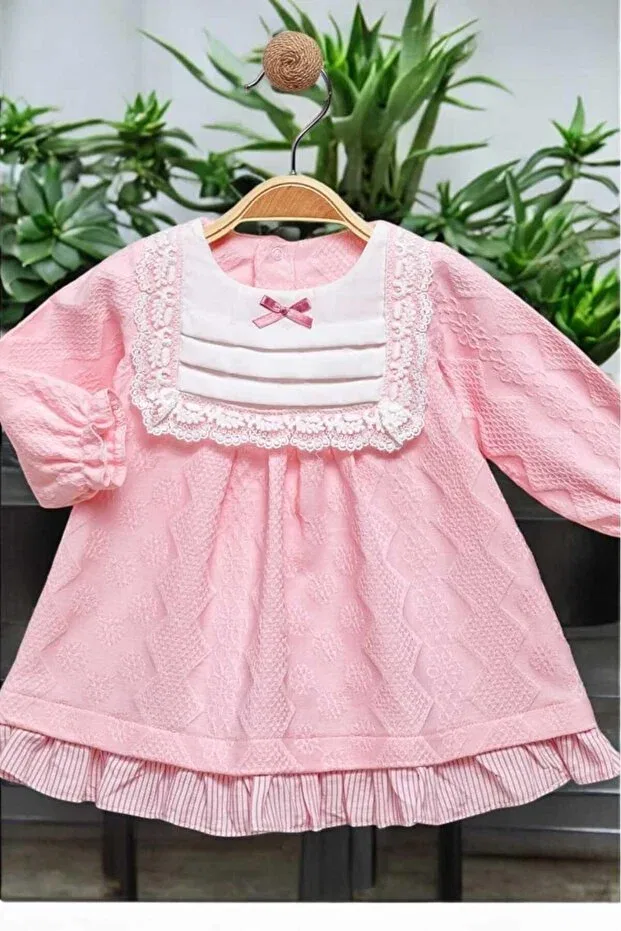 Детское платье для девочек с принтом Floral Embroidered Lace Detailed Bowknot Dress 0-2 Years Self-Patterned Fabric Dinamik Çocuk, Pink — фото 2