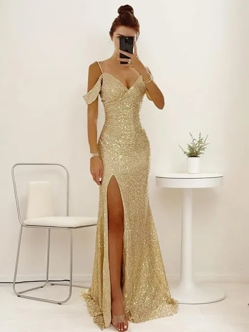 Женское вечернее платье с пайетками off shoulder с разрезом, Gray — фото 2
