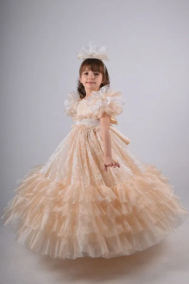 Детское вечернее платье для девочек без рукавов Special Design Girl's Evening Dress With Crown Accessories Mialora Exclusive By Emel Ebru Özdemir, Orange