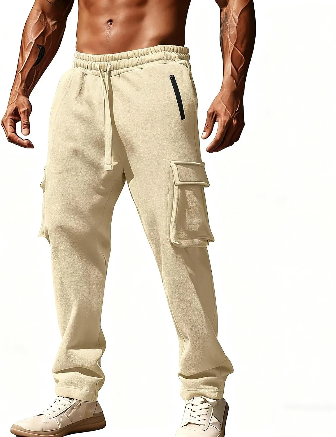 Мужские широкие спортивные штаны Baggy Track Pants с завязками на поясе и карманами на молнии, бежевый