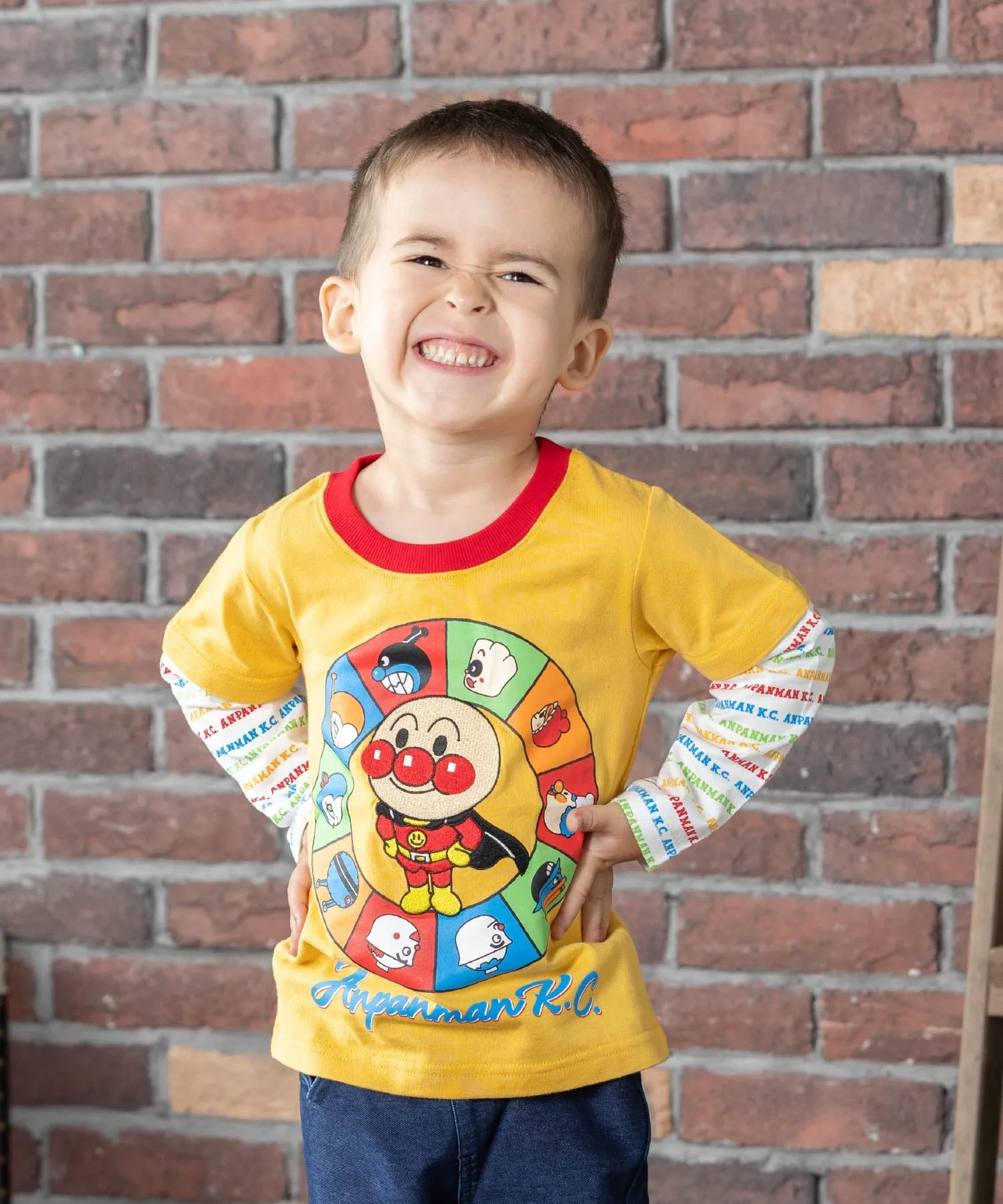 Детская коллекция ANPANMAN/(K) Футболка с длинным рукавом и вышитым профилем Anpanman со съемными рукавами Anpanman Kids Collection, mustard