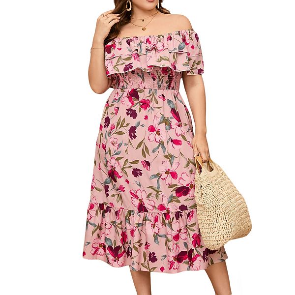 

Платье летнее макси с открытыми плечами и двойной рюшей Plus size Clearflower, Pink Floral