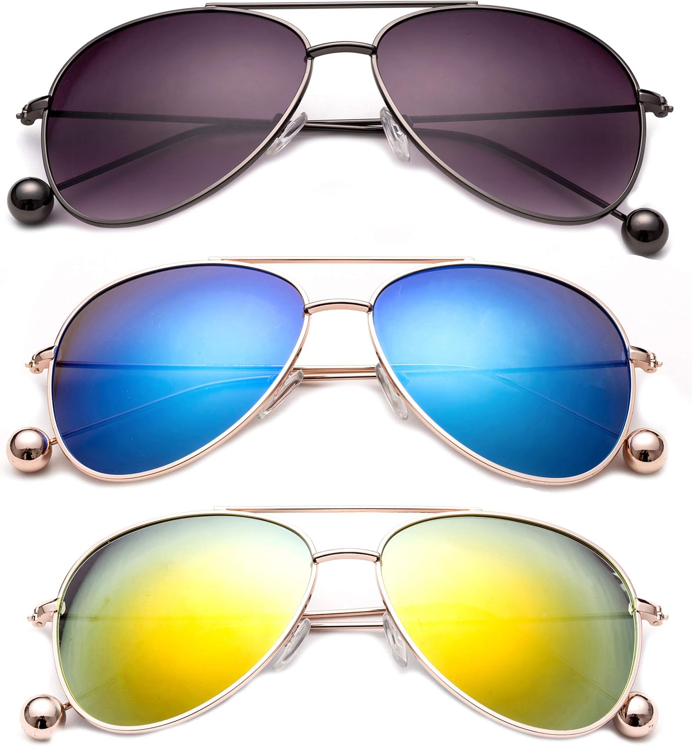 

Набор из 3 солнцезащитных очков-авиаторов в металлической оправе с металлическими закругленными кончиками для женщин и мужчин Newbee Fashion, 3 Pack Gunmetal, Orange & Blue