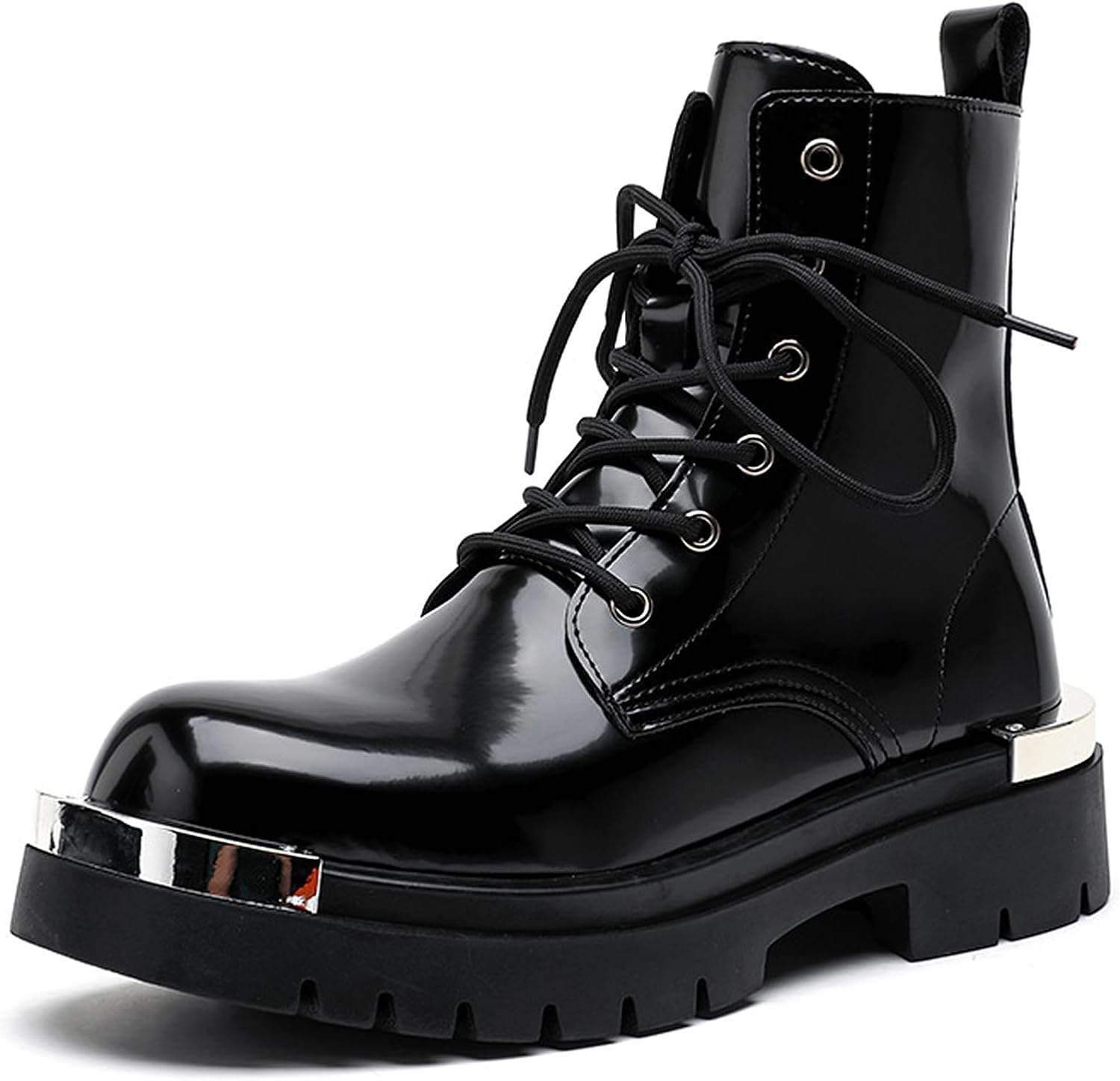

Мужские черные ботинки на платформе из лакированной кожи для мотоциклистов, модные, с круглым носком, шнуровкой, боковой молнией, противоскользящей подошвой, армейского стиля, комфортные повседневные высокие байкерские ботинки Qijozxn