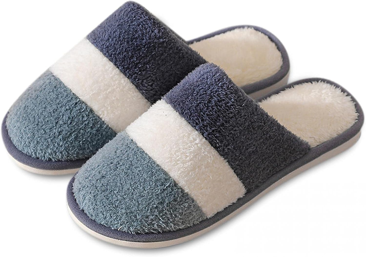 

Меховые пушистые тапочки Hbeylia для женщин, мужчин и пар, с полоску, закрытым носком, на плоской подошве, уютные домашние тапочки на осень и зиму, для дома и улицы, синий
