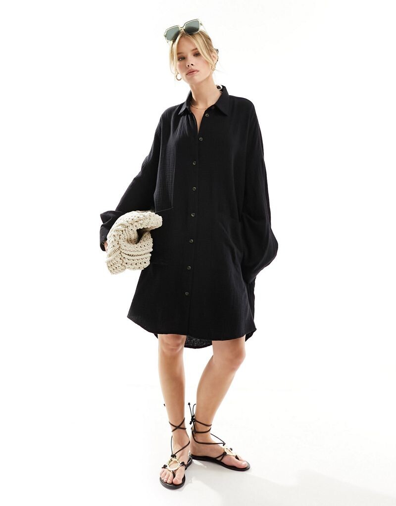

ASOS DESIGN – черное двухслойное платье-рубашка оверсайз с заниженными карманами