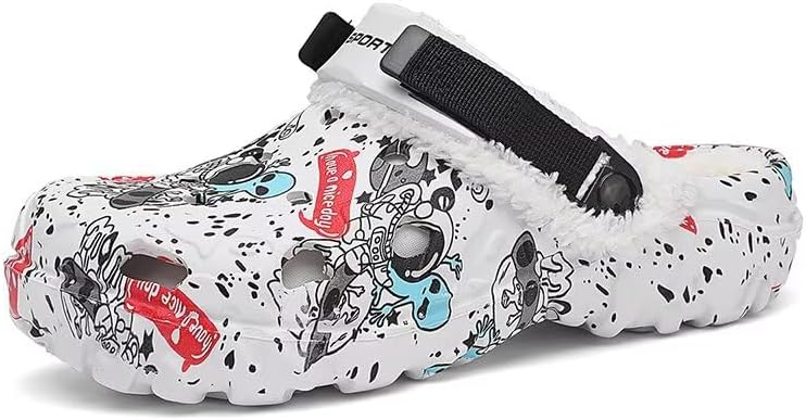 

Мужские сабо - зимние садовые туфли с искусственным мехом, теплые тапочки с мультяшным принтом и регулируемым ремешком, легкие нескользящие сабо для дома и улицы Lewhosy, белый