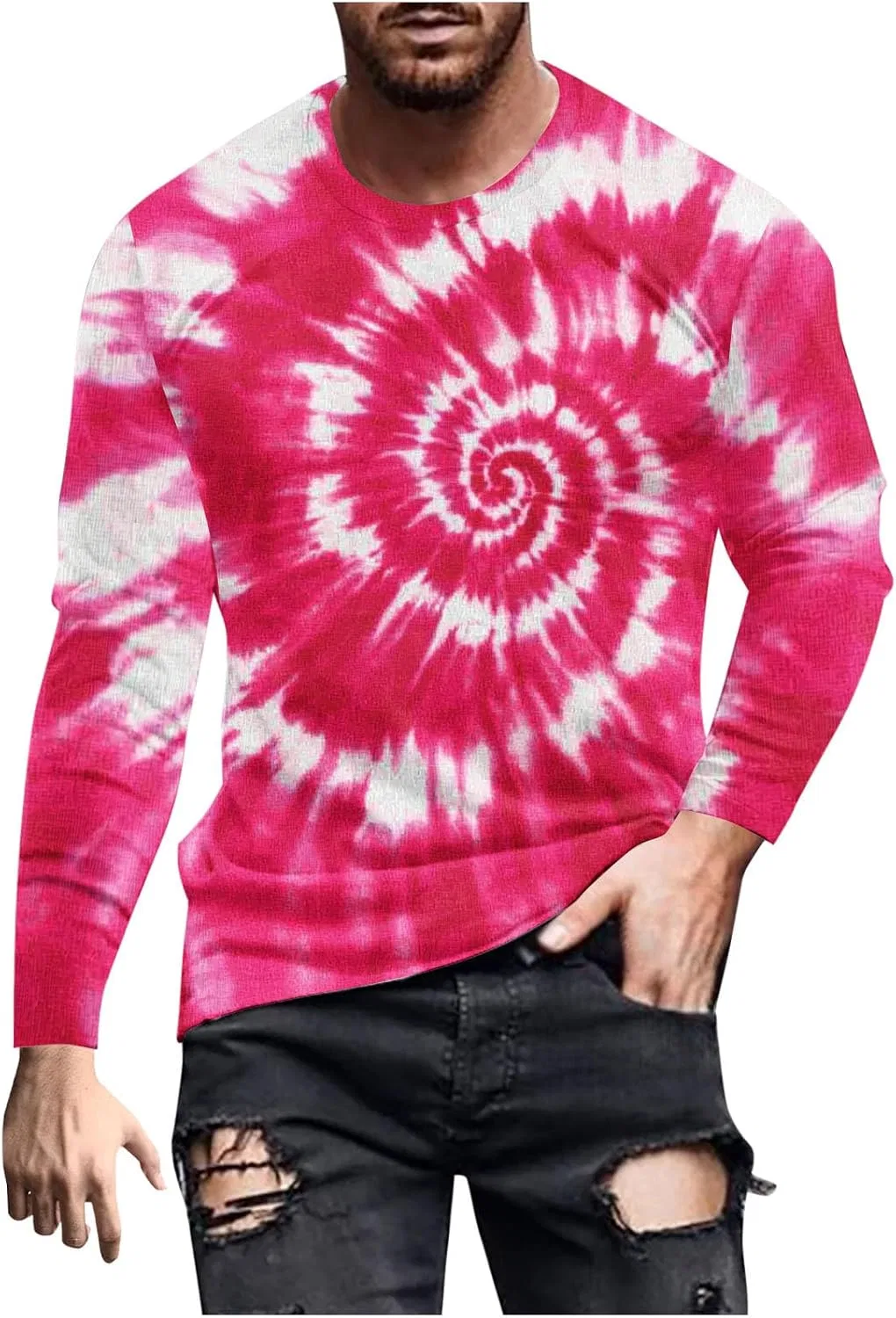 Мужская футболка с длинным рукавом tie-dye Polo Shirts Long Sleeve for Man, Hot Pink