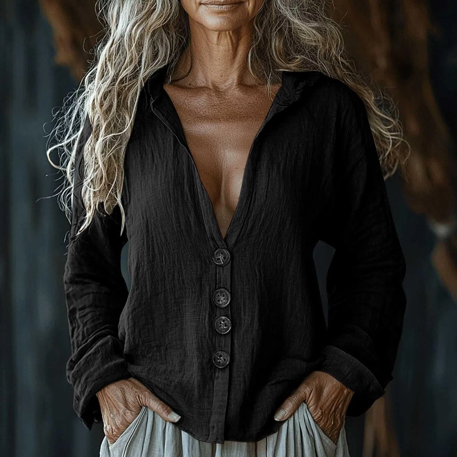 Женская льняная рубашка с длинным рукавом с принтом Vintage Bohemian, Black — фото 2
