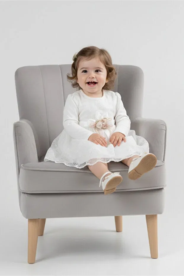 Детское платье для девочек кружевное с цветочным принтом Mnk Baby&Kids, Ecru — фото 4