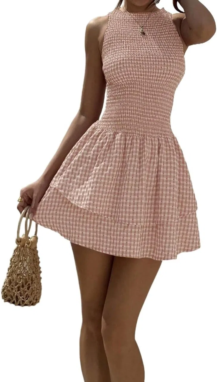 Женское мини-платье в клетку без рукавов, Dusty Pink