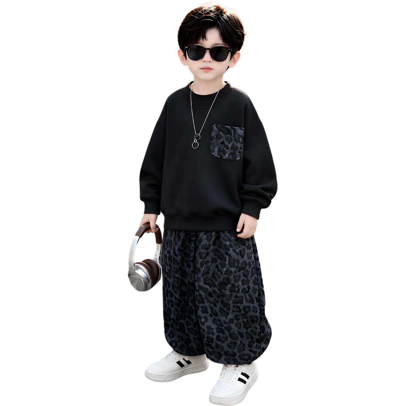 Детский спортивный комплект из свитшота и брюк с леопардовым принтом MADALLO, Leopard Print Pants Sweatshirt Set