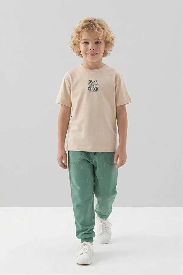 Детский спортивный комплект для мальчиков с принтом Crew Neck Print Detailed Patterned Boys' Tracksuit Set Black One, Beige — фото 2