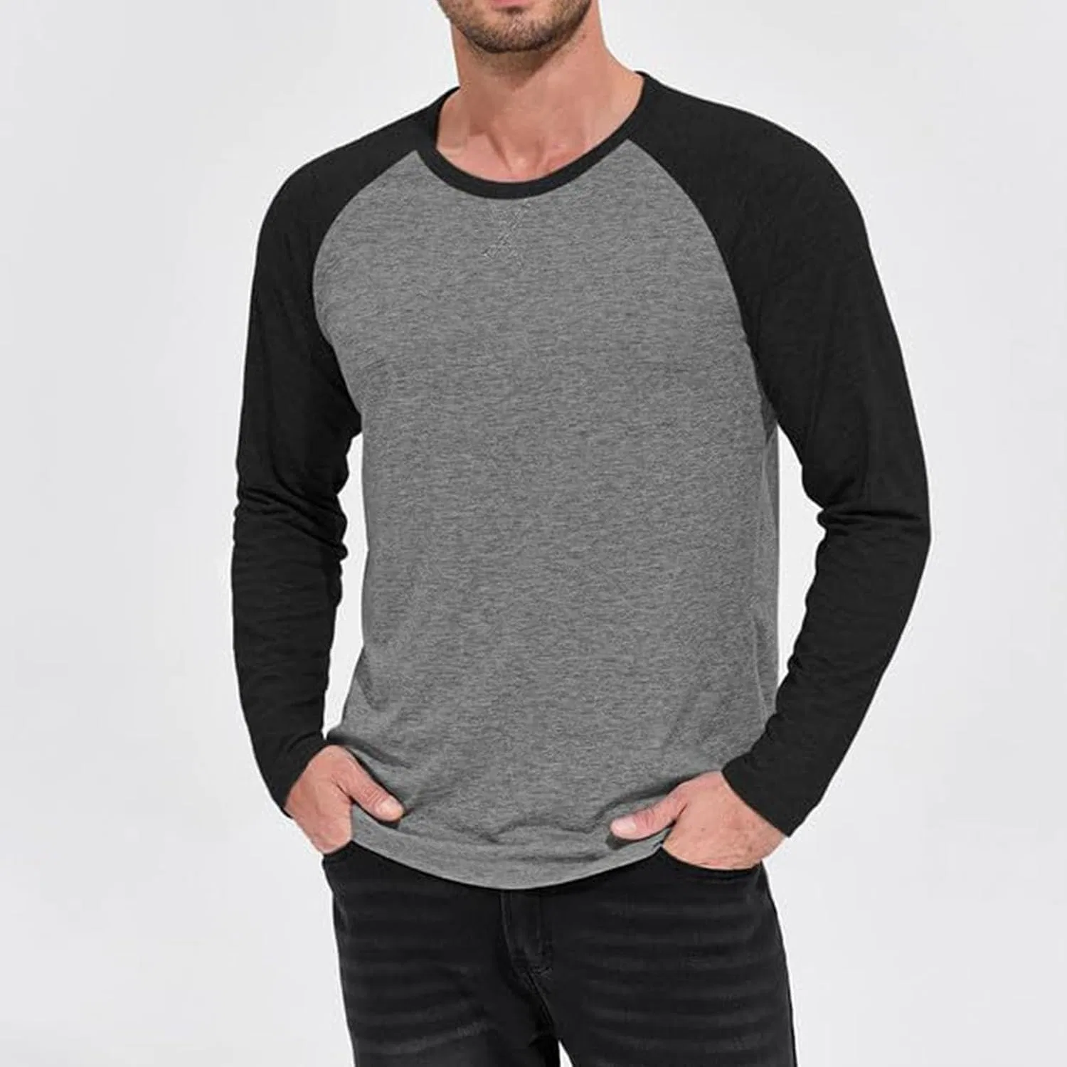 Мужская бейсбольная футболка с цветными блоками рукавов, Loose Fit, Grey — фото 2