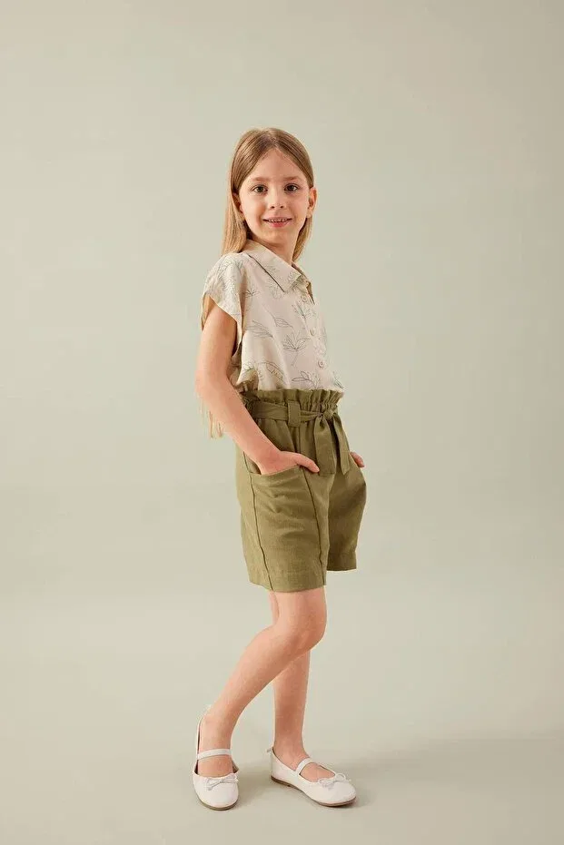 Детские шорты для девочек с высокой талией Paperbag shorts with pockets Defacto, Khaki — фото 2
