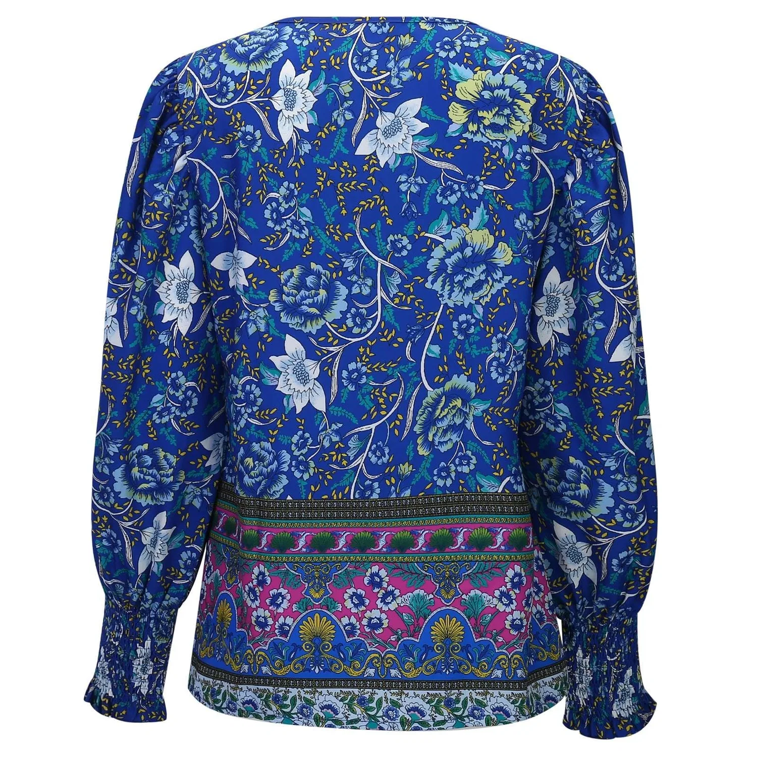 Женская блуза с принтом 1970s Boho Floral Pattern с длинным рукавом, Navy Blue — фото 4