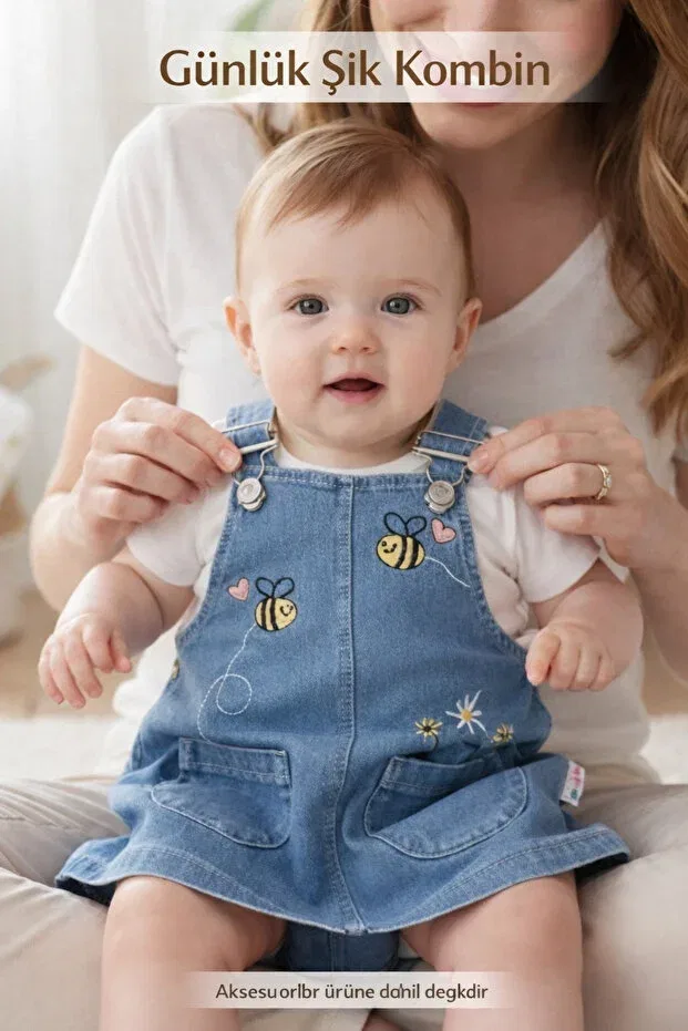 Детский комплект из джинсового платья и футболки с вышивкой пчелы Luvvera, Blue