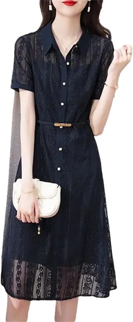 Женское летнее платье миди с кружевным вырезом A-line, Navy Blue