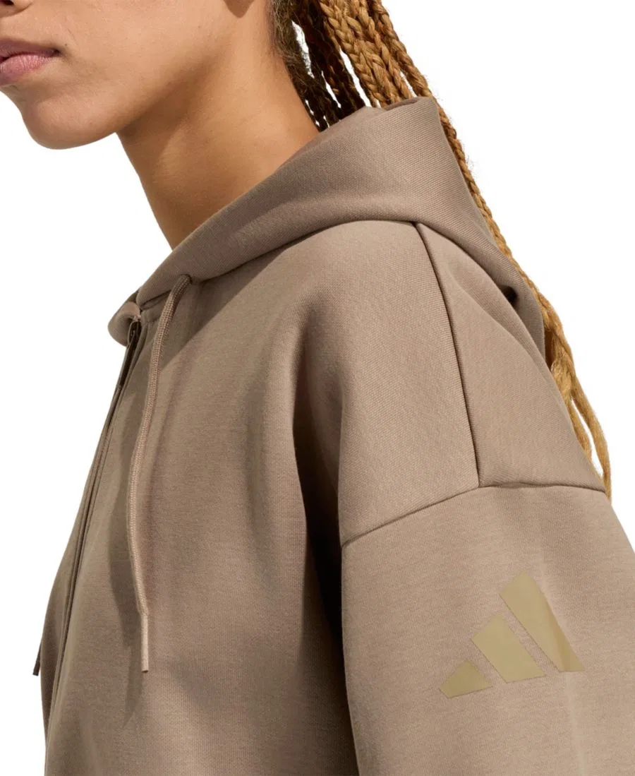 Женская куртка-худи на молнии из флиса Essentials Contemporary Full-Zip Hooded Jacket adidas, Khaki Six — фото 3