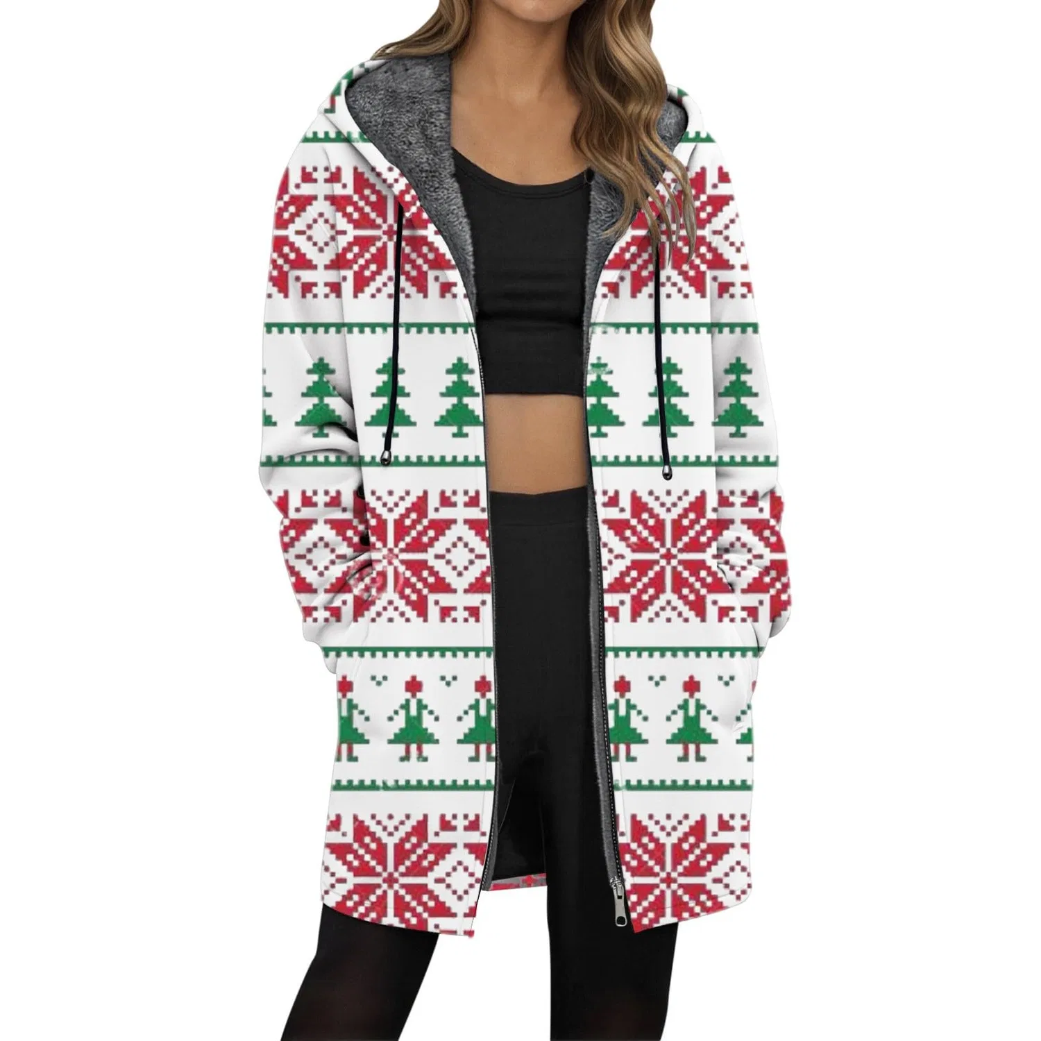 Женское пальто с капюшоном и принтом Cardigan Noel Donna Grande Dimensione, bianco