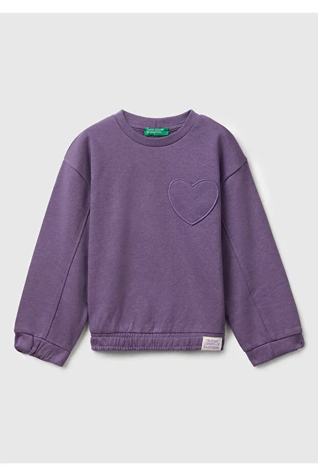 Детское для девочек свитшот с принтом Girl'S purple stitch detailed heart patch pocket regular fit sweatshirt United Colors Of Benetton, Purple