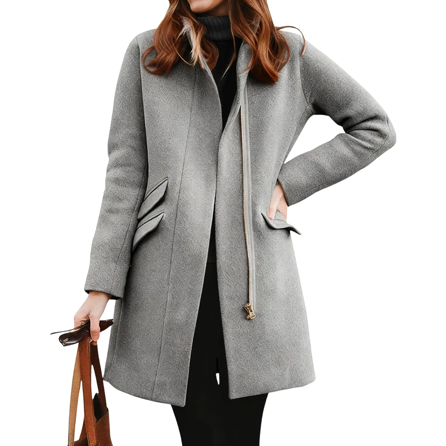 Женское зимнее пальто с молнией и открытым передом Classic Open Front Zip Casual Winter Long Trench Coat, Grigio