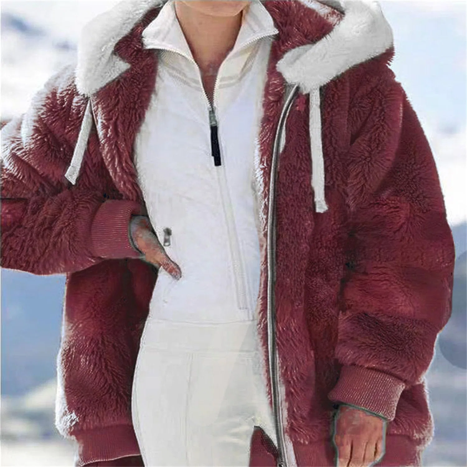 Женское пальто из флиса с длинным рукавом, без бренда, White — фото 3