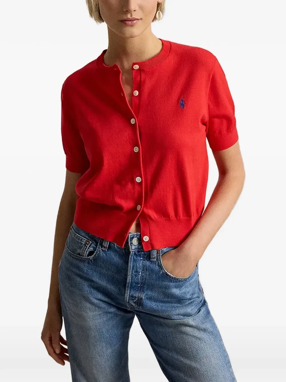 Кардиган с вышивкой логипа и короткими рукавами Polo Ralph Lauren, красный