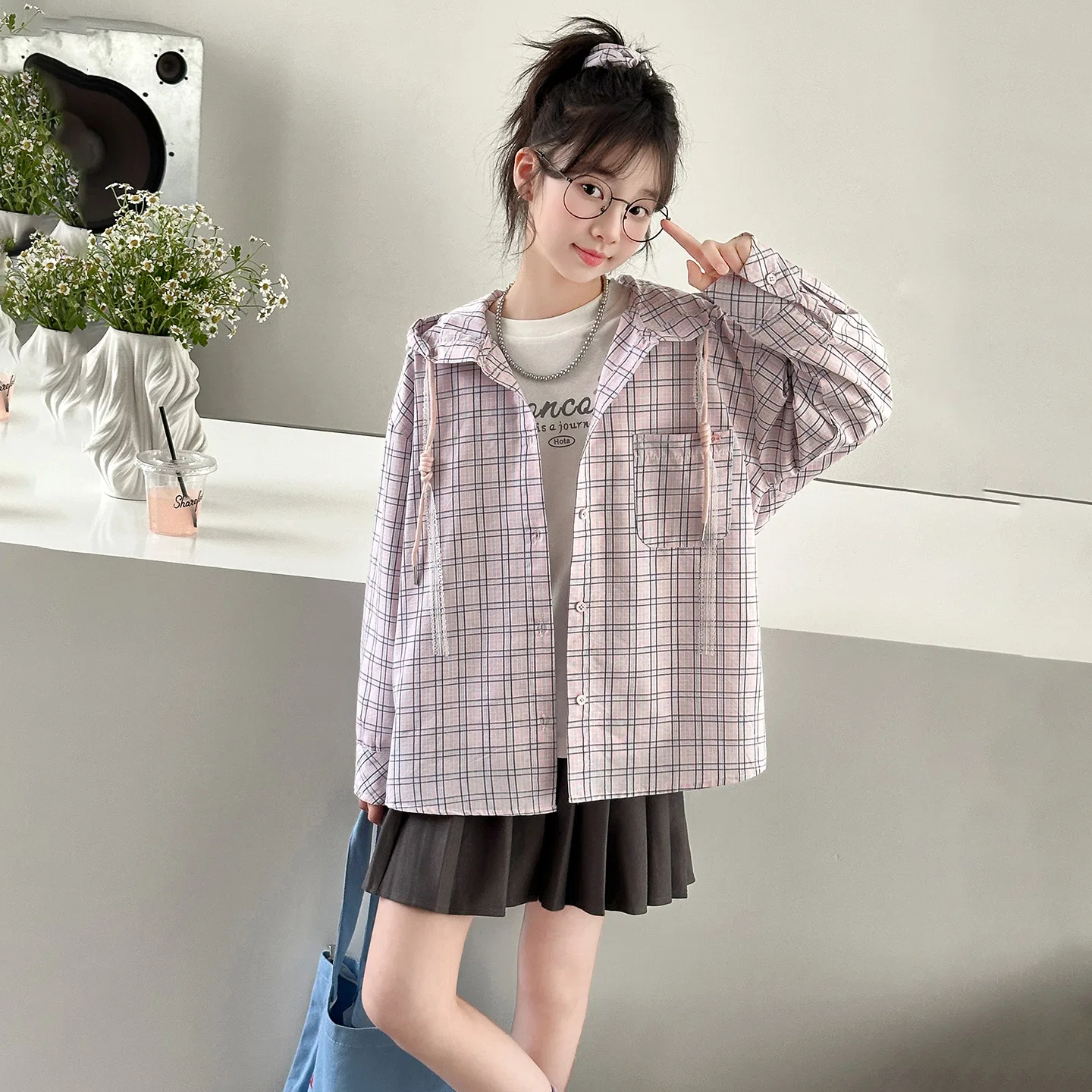 Детская рубашка с капюшоном Pink Plaid Shirt PLANDOO — фото 4