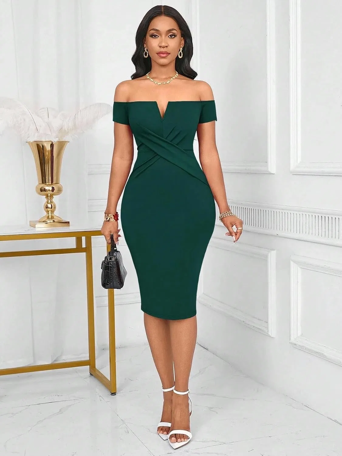 Женское облегающее платье с запахом офф-шолдер Bodycon, Green — фото 4